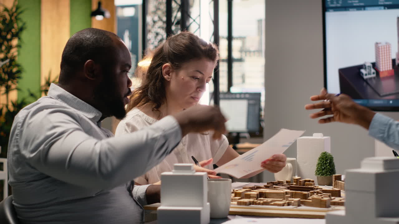 Vertical Video Team members work together in office with architectural software