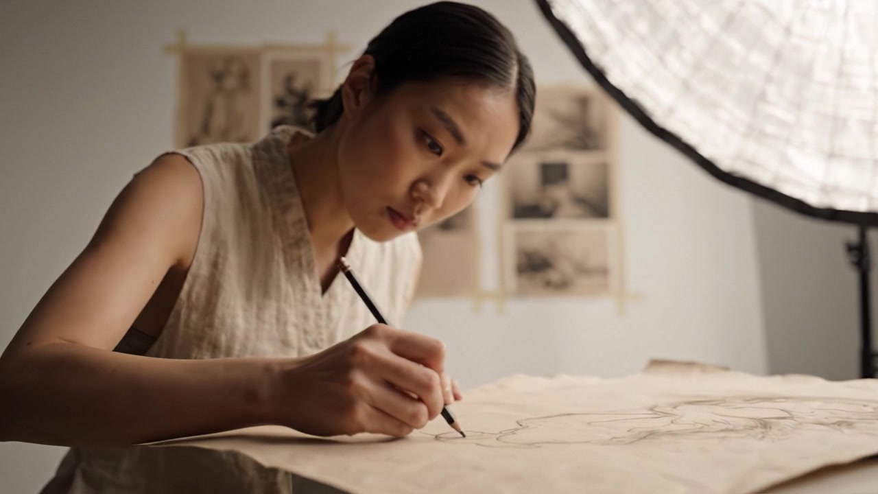 Focus Artistico: Un individuo creativo catturato dal processo di disegnare intricati disegni su carta con precisione e passione in un luminoso studio.