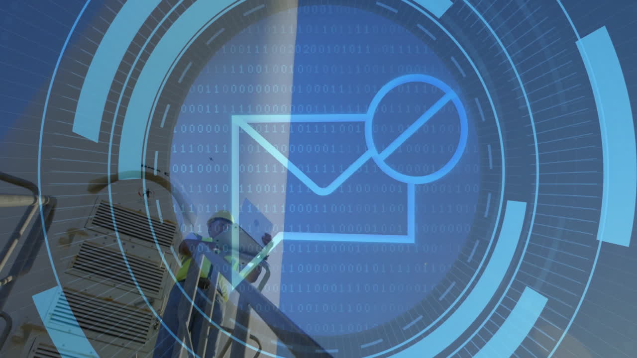 Digital envelope icon and binary code animation over construction workers on site