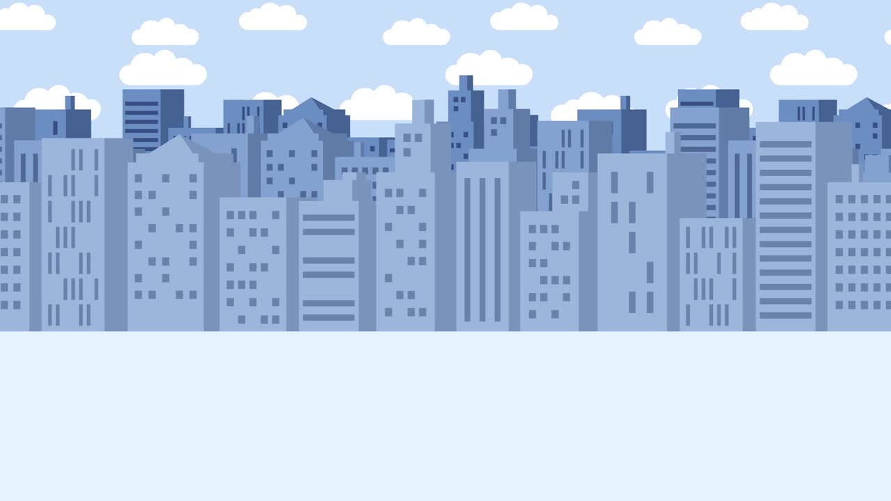 Donna d'affari che cade nel buco. Sfondo di edifici. Concetto di rischio. Illustrazione in loop in stile piatto.