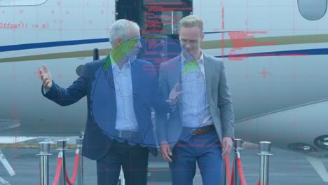 Globe-and-data-processing-over-two-caucasian-businessmen-talking-while-walking-on-airport-runway