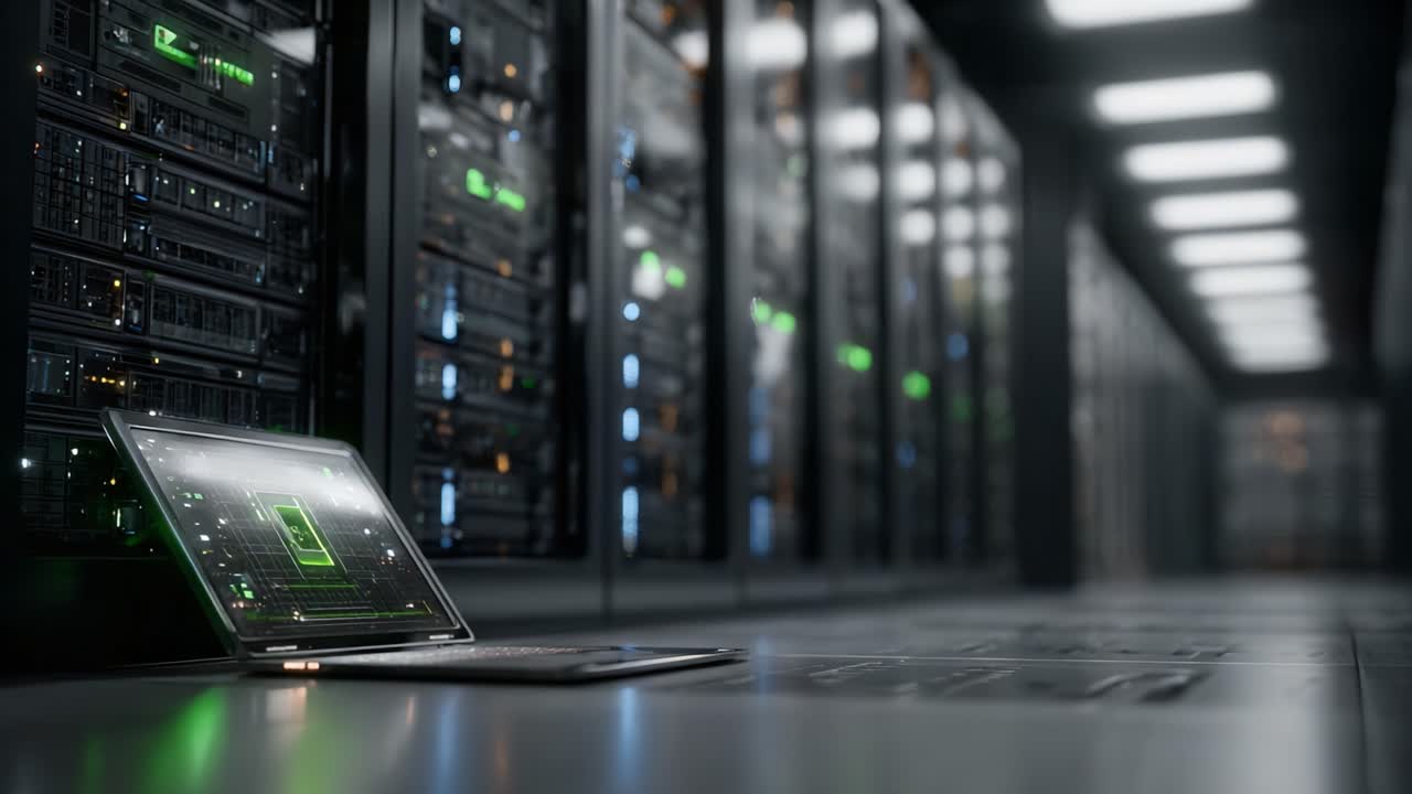 Un data center high-tech mostra un laptop elegante che visualizza un'interfaccia digitale vibrante, accanto a file di rack server avanzati, riflettendo l'avanguardia della moderna tecnologia informatica.