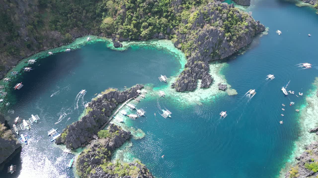 Tour Boats Traffic at Twin Lagoon Coron Philippines, Drone View