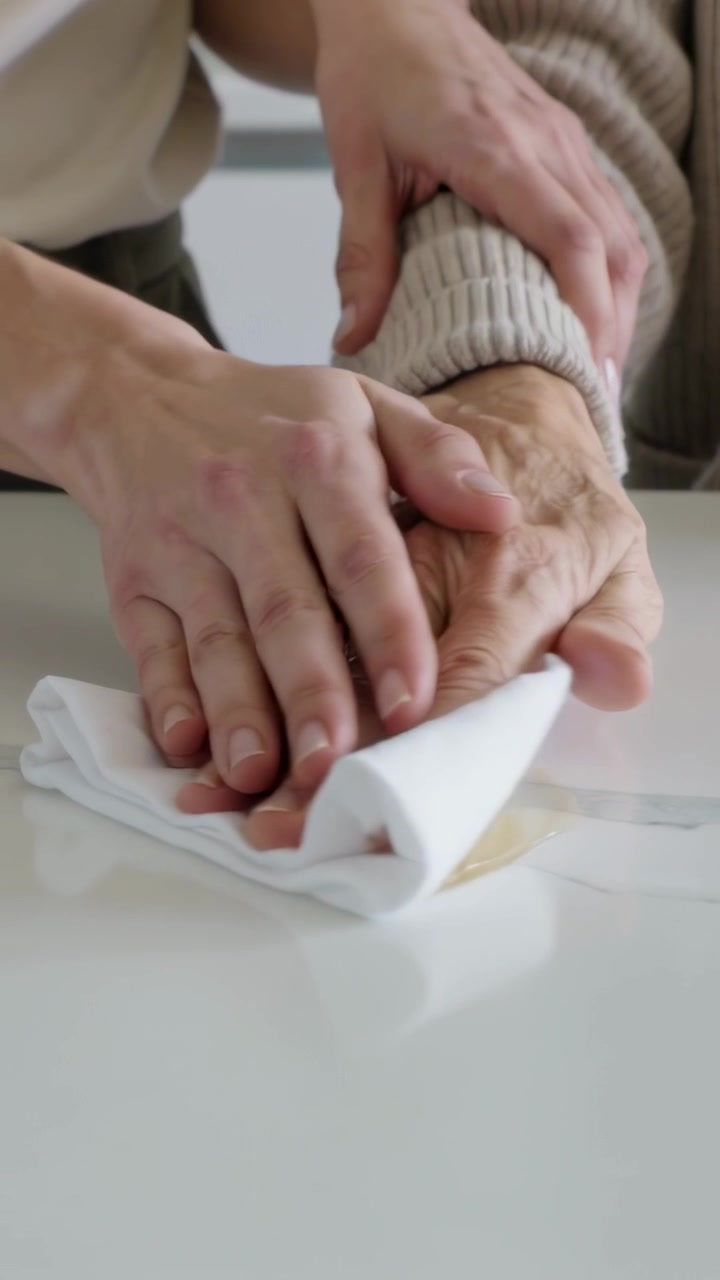 Video verticale: Dopo una fuoriuscita, assistente che posiziona un panno, guidando la mano dell'anziano sul bancone della cucina, asciugando.