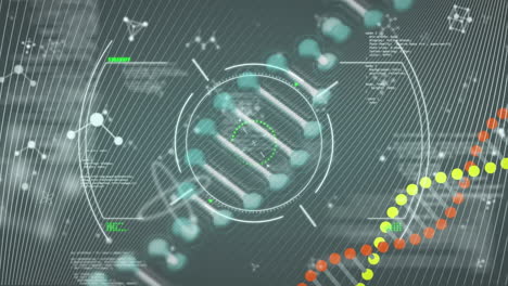 animation of dna chain rotating over black screen with molecules and diverse data