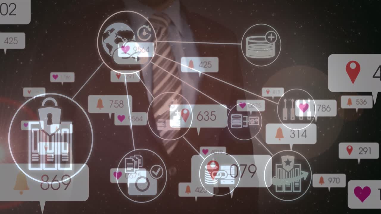 Animation of social media icons and numbers over businessman touching interactive screen