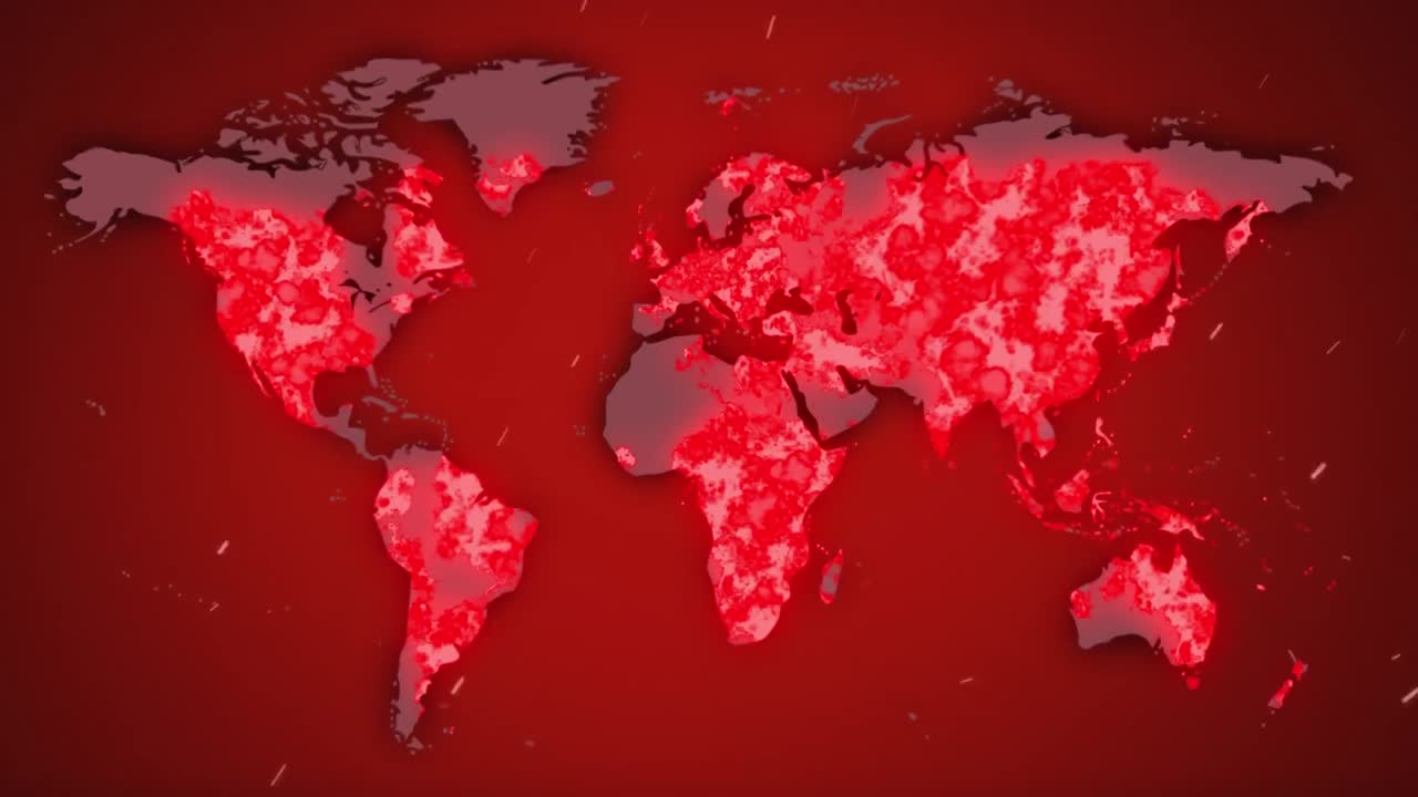 animación de la palabra covid-19 escrita con un mapa mundial que muestra los puntos de infección, la propagación del coronavirus