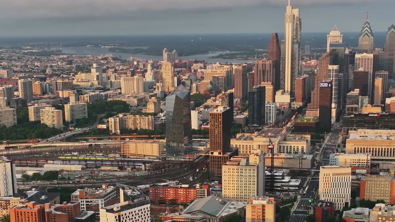 Views of Philadelphia skyline captured from a drone soaring high above