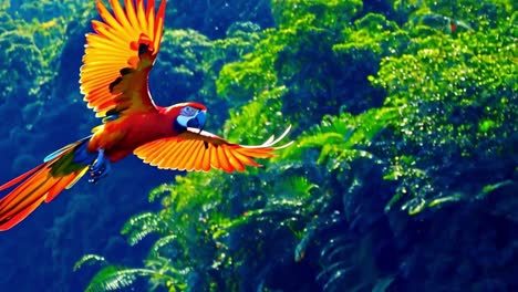 colorful macaw flying in tropical jungle