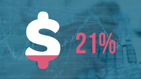animación del símbolo del dólar con porcentajes que crecen sobre el procesamiento de datos y las manos escribiendo en el teclado.