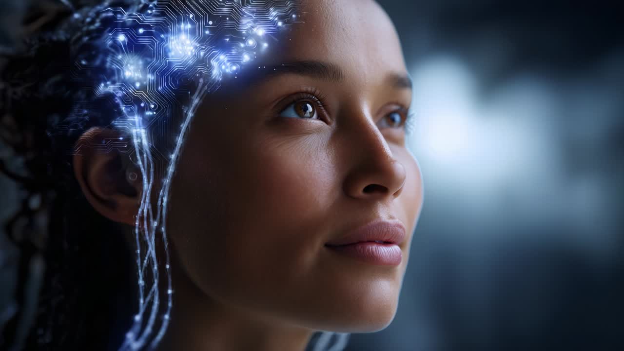 A captivating exploration of the fusion between human intelligence and technology, highlighting a thoughtful individual contemplating the future with a digital brain interface representing innovation and potential