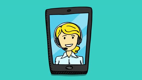 Cartoon style, colorful animation of customer service support woman, that shows up on the mobile screen.