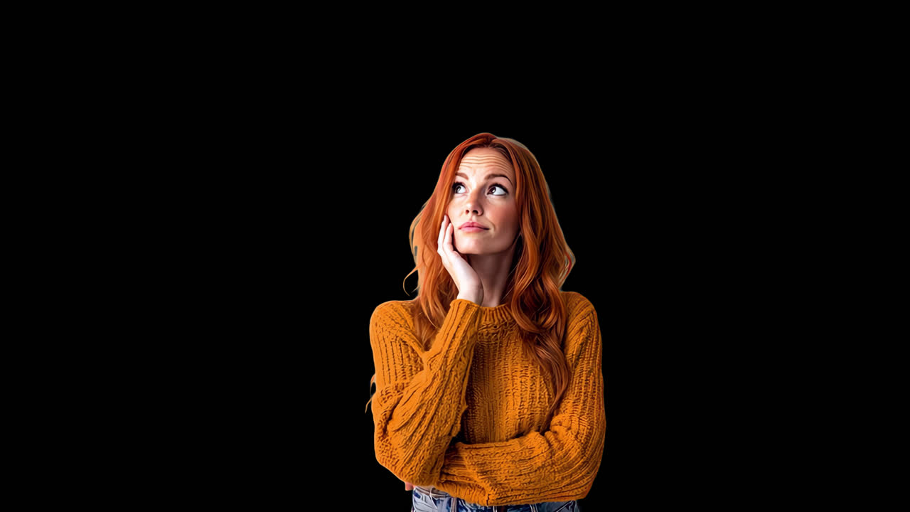 Red haired woman contemplating animation isolated asset, transparent 4K video, alpha channel, ProRes