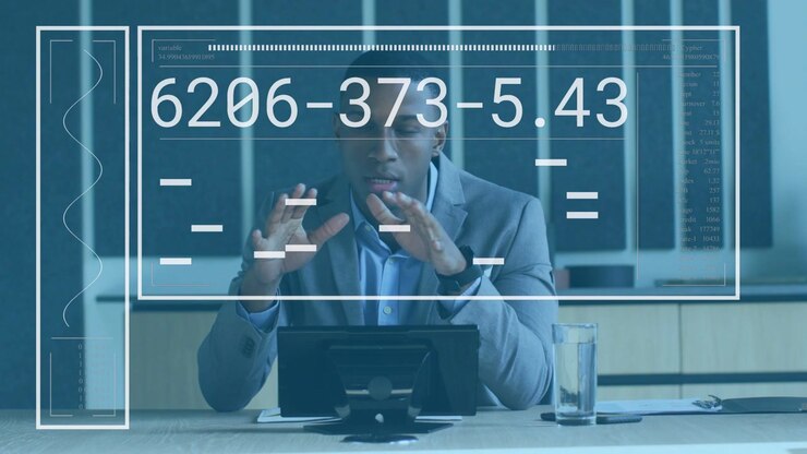 Leaning forward starting brief speaker gesturing tapping tablet while HUD showing updating numbers