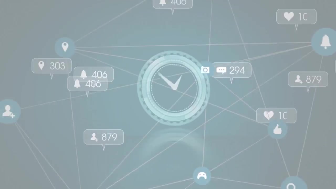 Animation of social media icons over network of digital icons against clock on gradient background