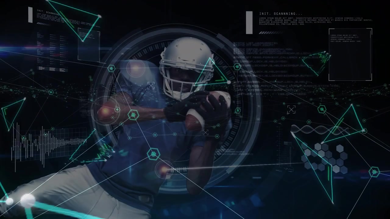 Animation of diverse data and triangles over african american male american football player