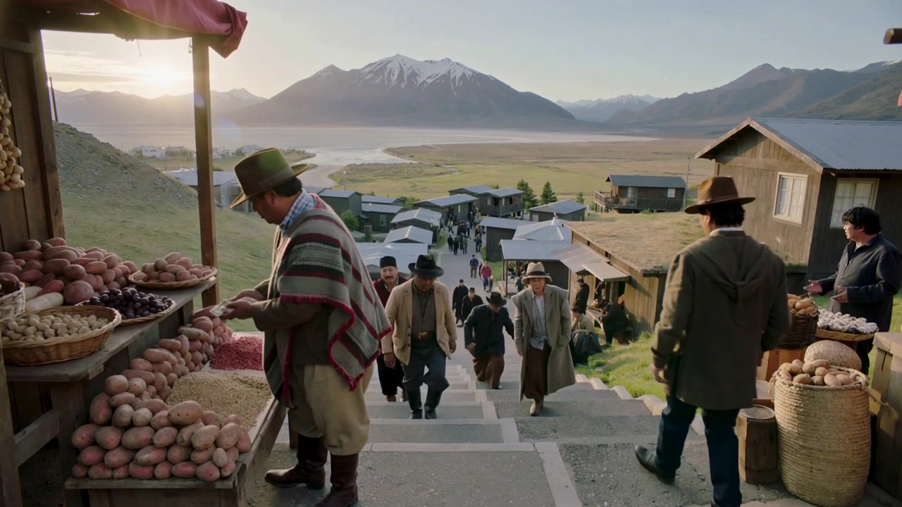 Camera framing market, vendor sorting potatoes for sale while locals in hats climbing steps to lake