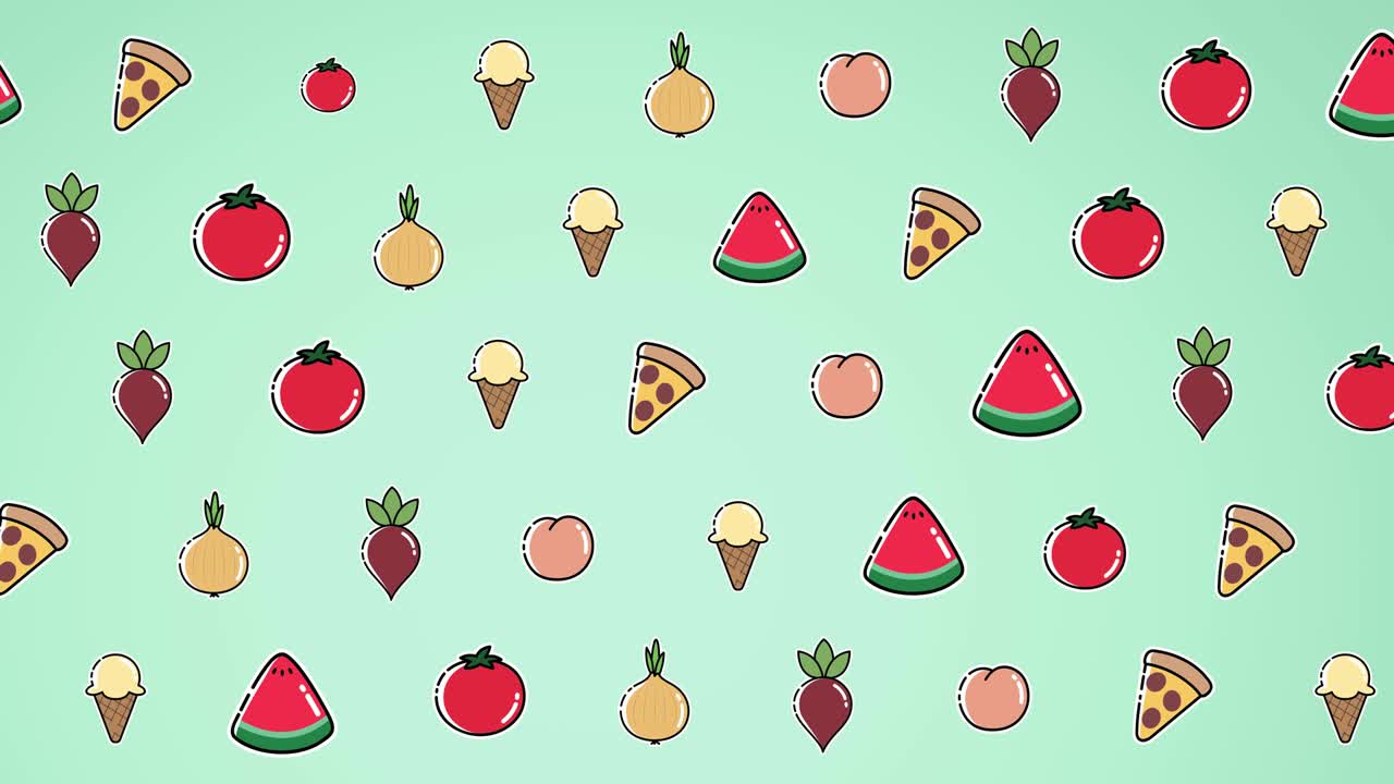 animación de diversos dibujos animados de comida flotando sobre un fondo verde