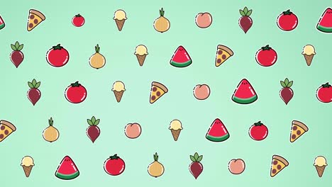 animación de diversos dibujos animados de comida flotando sobre un fondo verde