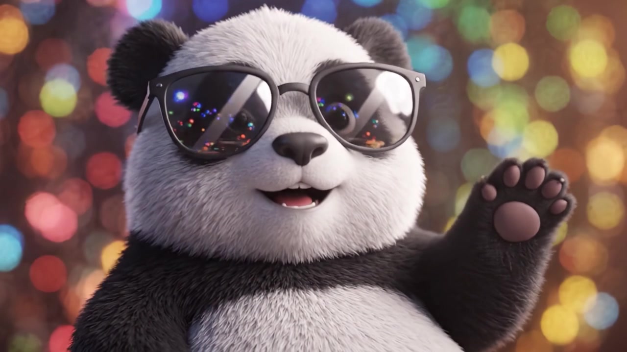 Un panda giocoso con occhiali da sole alla moda si gode una celebrazione colorata, irradiando gioia e divertimento in un'atmosfera festosa piena di luci brillanti.