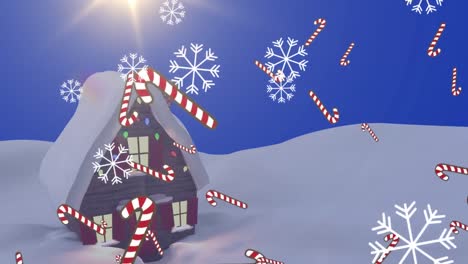 Animation-Von-Schnee-Und-Zuckerstangen,-Die-über-Das-Haus-Fallen,-Mit-Weihnachtslichtern-In-Der-Winterlandschaft
