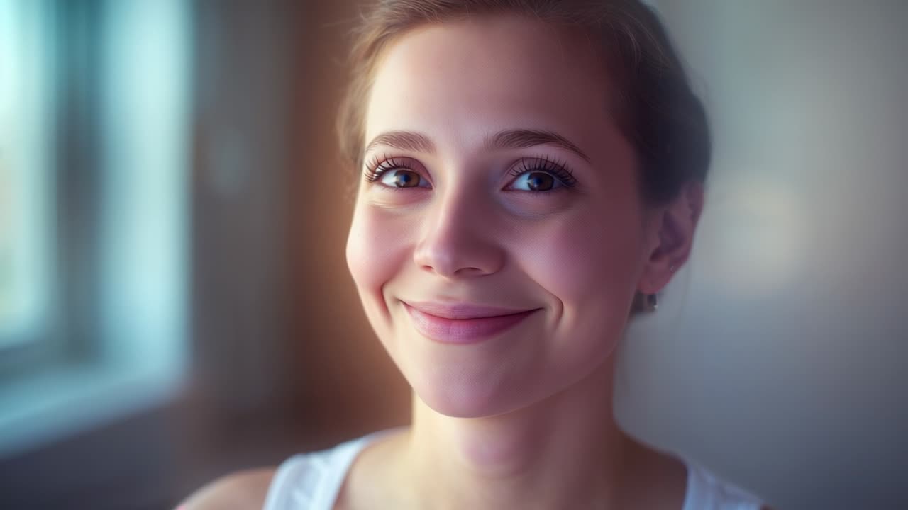 Fluttering eyelids waking adult woman opening eyes and smiling in softly lit room with window glow