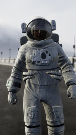 astronaut in a white space suit standing on a concrete surface