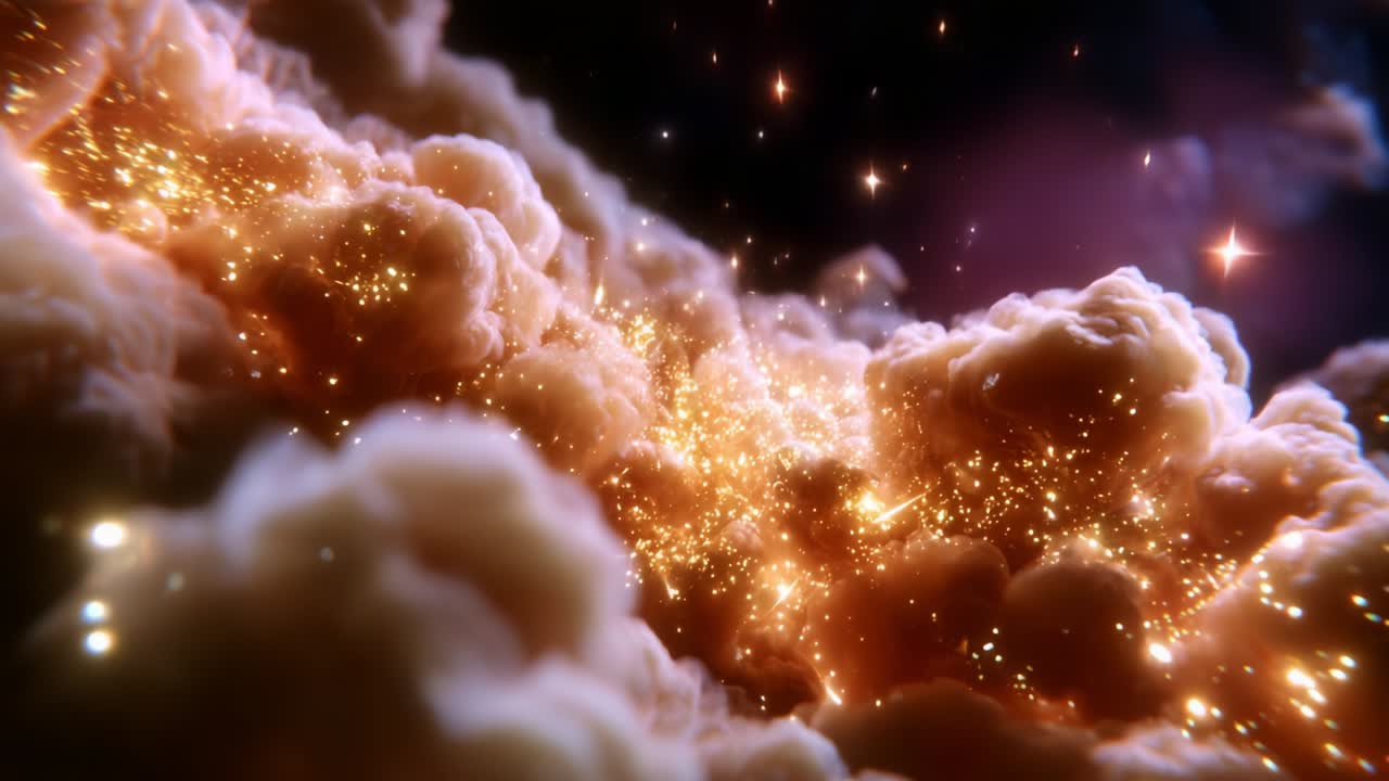 Stunning celestial scene showcasing a cosmic dust cloud illuminated by twinkling stardust, creating a breathtaking view of the vast universe filled with glittering particles and ethereal beauty