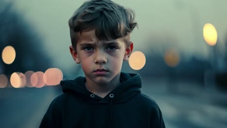 young boy frowning against a bokeh background of streetlights. wearing a dark hoodie, the child expresses emotions of sadness and contemplation during the evening outdoors