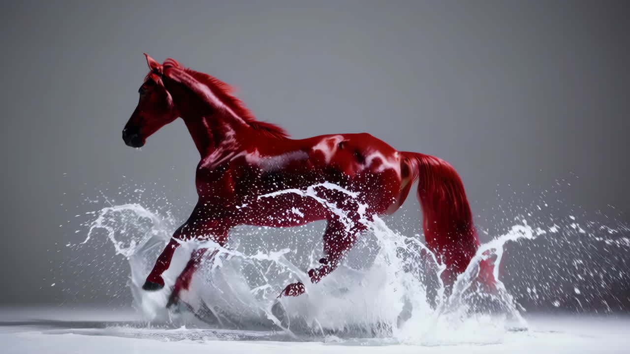 Red Horse Running Through Water Splash