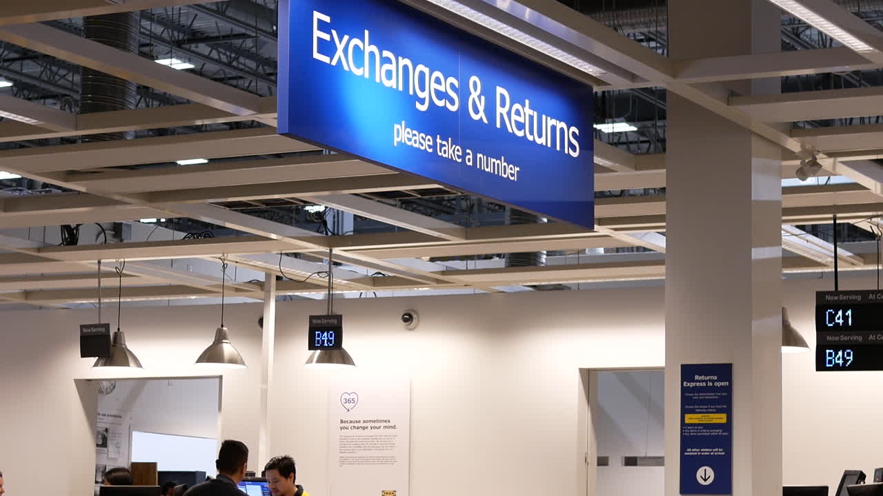 Motion of exchanges and returns sign inside Ikea store with 4k resolution.