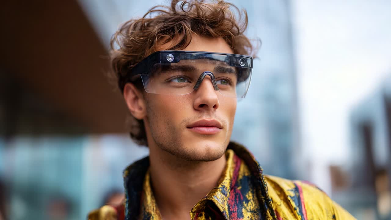 Stylish Young Man Wearing Innovative Glasses with a Unique Fashion Statement, Captured in a Modern Urban Environment Showcasing Trendy Outerwear and Contemporary Style
