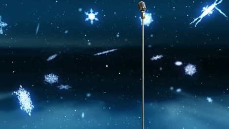 Animation-of-snow-falling-over-microphone-on-dark-background