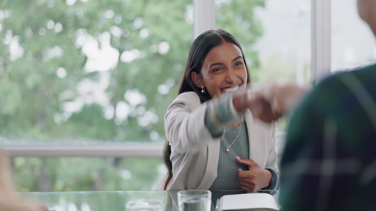 Business woman, handshake and interview thank you