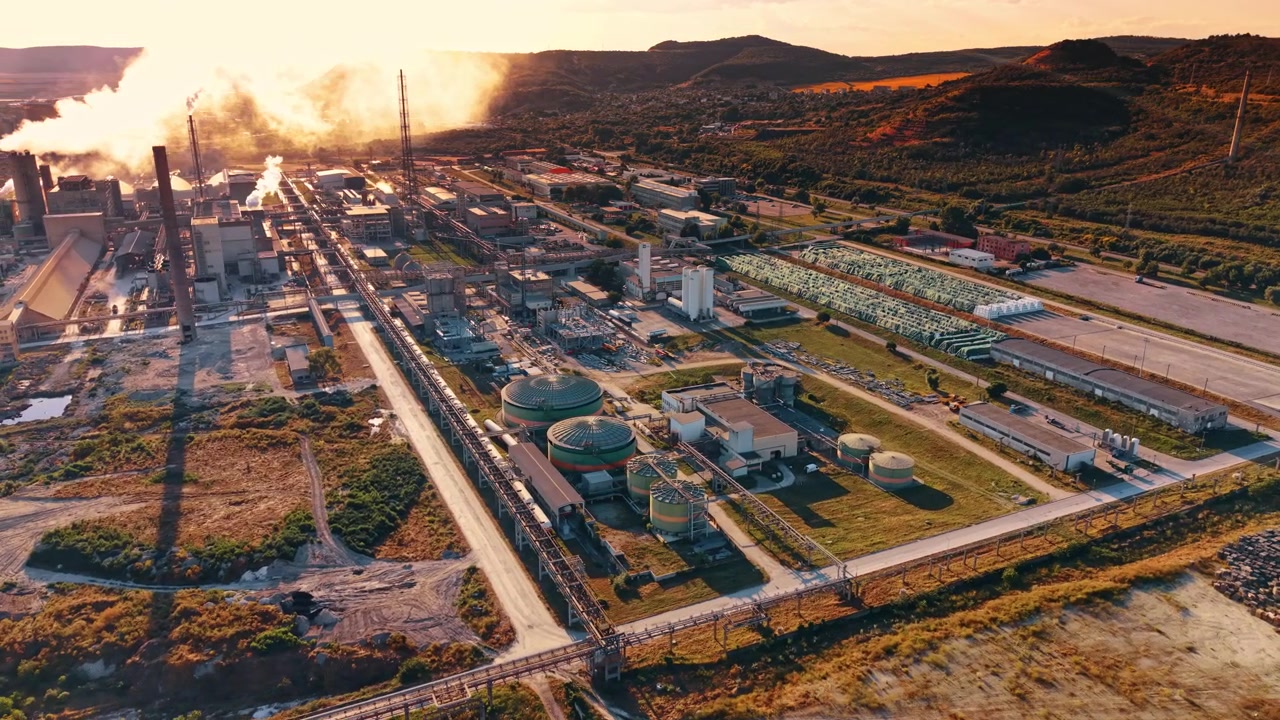 Industrial refinery plant with circular storage tanks during golden hour. A drone perspective shows green landscape fields surrounding oil processing facilities in warm evening light.