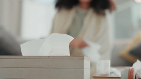 sick, tissue box and woman hand in a home living