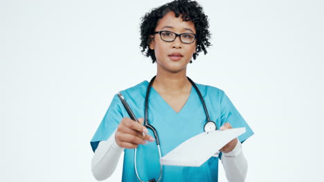 Doctor,-woman-face-and-documents-in-studio