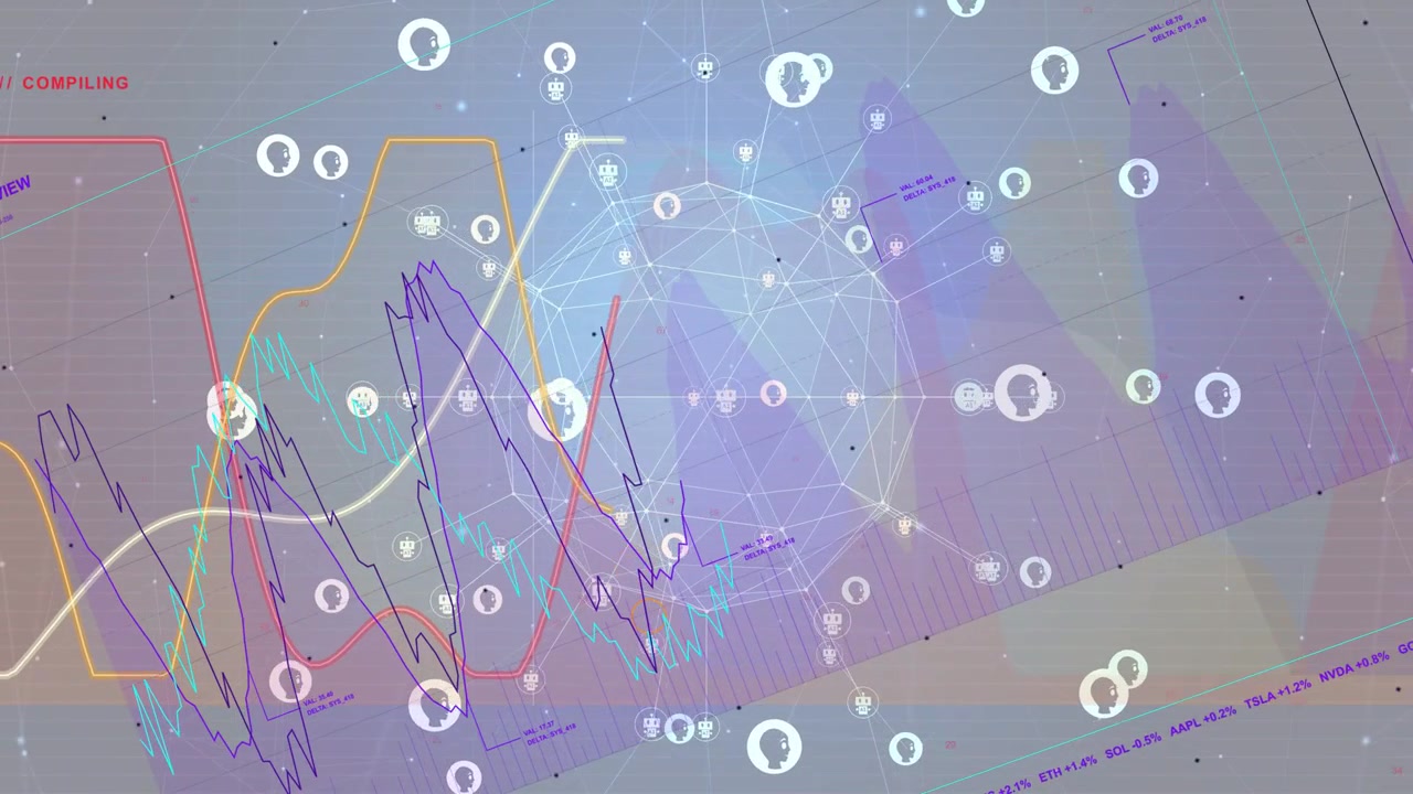 Sphere appearing on HUD, nodes appearing, linking while waveforms sliding, showing analytics