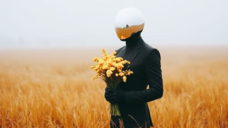 futuristic man with yellow flowers in a golden field