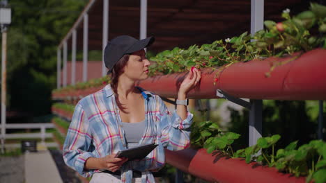 mujer inspeccionando plantas de fresa en una granja vertical