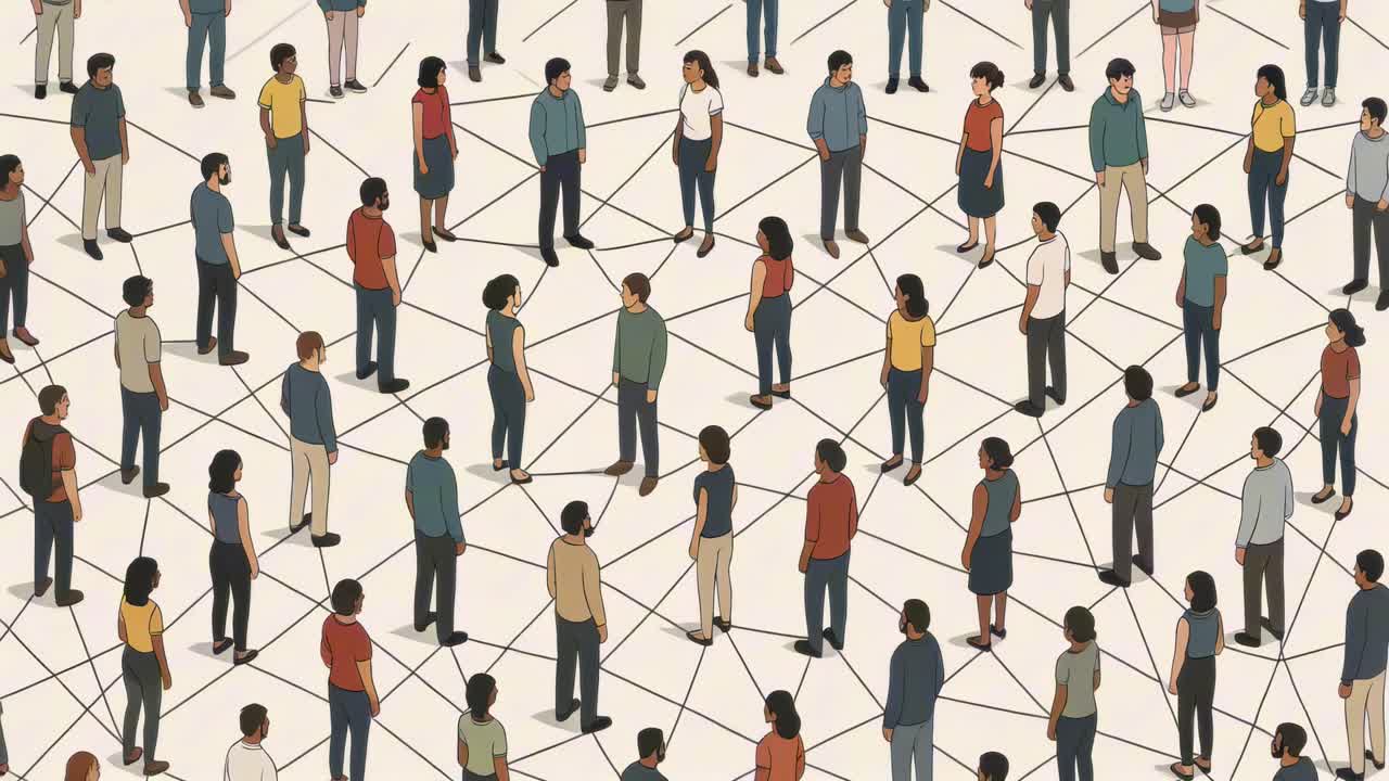 Top-down view of diverse people standing on a grid, symbolizing connection and community