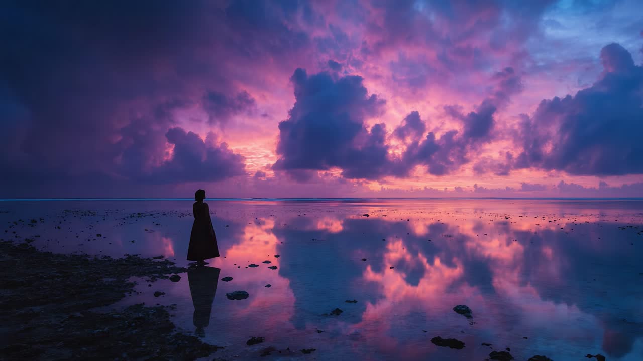 Un paesaggio da sogno al crepuscolo: una figura in silhouette su un tramonto vivido su un mare tranquillo riflette momenti di solitudine e bellezza naturale