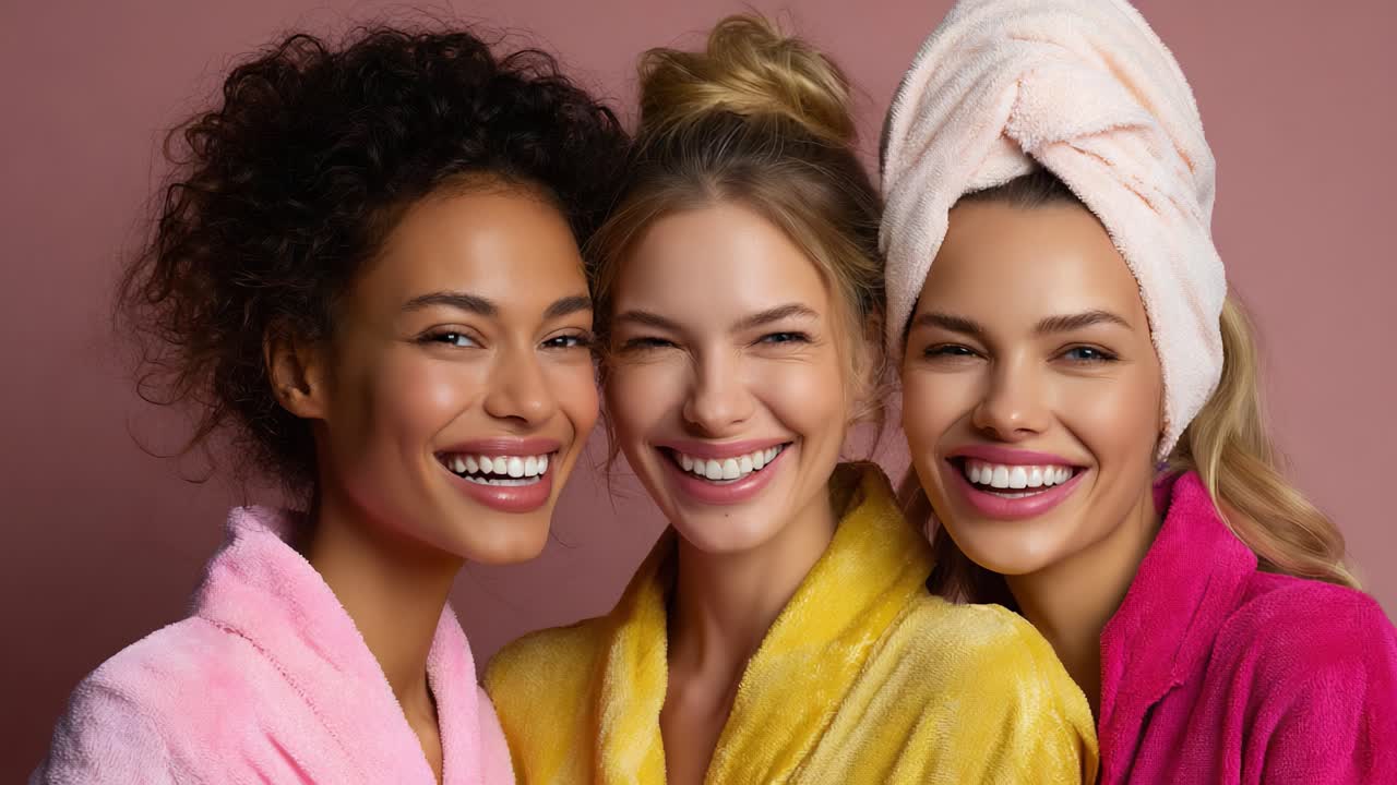 Een vrolijk moment vastgelegd tussen drie vrouwen in kleurrijke gewaden, die hun stralende glimlach en kameraadschap tonen in een ontspannen en vrolijke sfeer, perfect voor het promoten van vriendschap en schoonheid