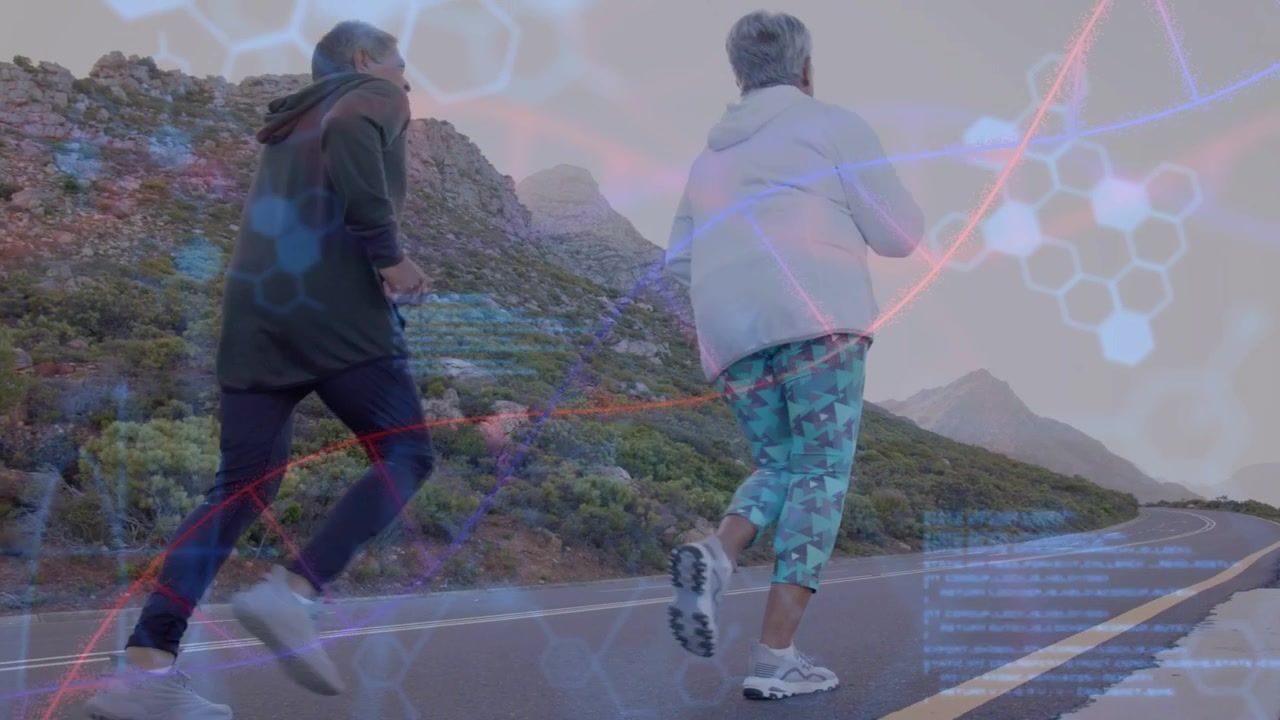 Primo piano di una gamba, la telecamera si allontana rivelando una donna e un uomo anziani che corrono su una strada curva, mappatura del DNA