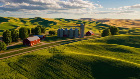 aerial view of a farm with grain silos and barns amidst rolling green fields