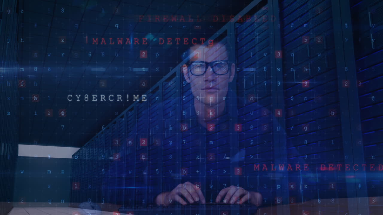 Animation of cyber attack warning and data processing over male hacker and computer servers