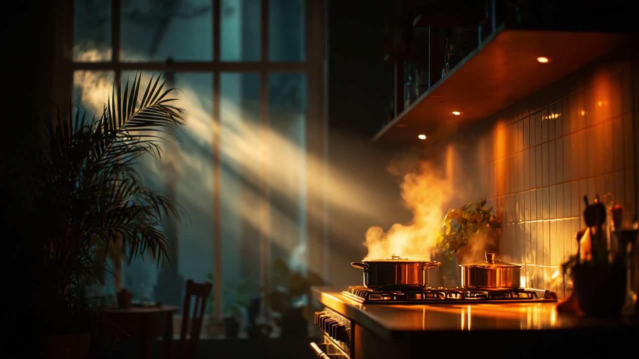 A Cozy Kitchen Scene Filled with Warm Light and Steam from Cooking Pots, Capturing the Essence of Home Cooking and the Comfort of a Welcoming Culinary Environment