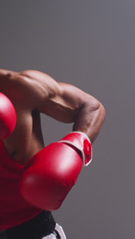 vertical video close up shot of male boxer wearing gloves in boxing match throwing punches at opponent 2