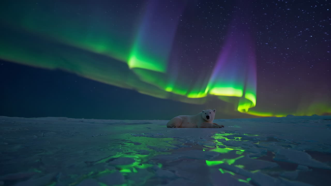 Polar Bear Under the Northern Lights in the Arctic