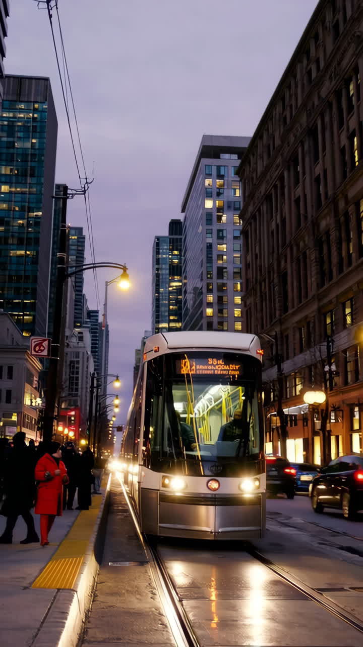 Evening City Scene with a Bright Streetcar
